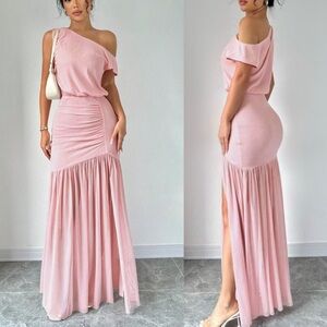 Pink drop waist riches mermaid hem asymmetrical shoulder mesh maxi dress
